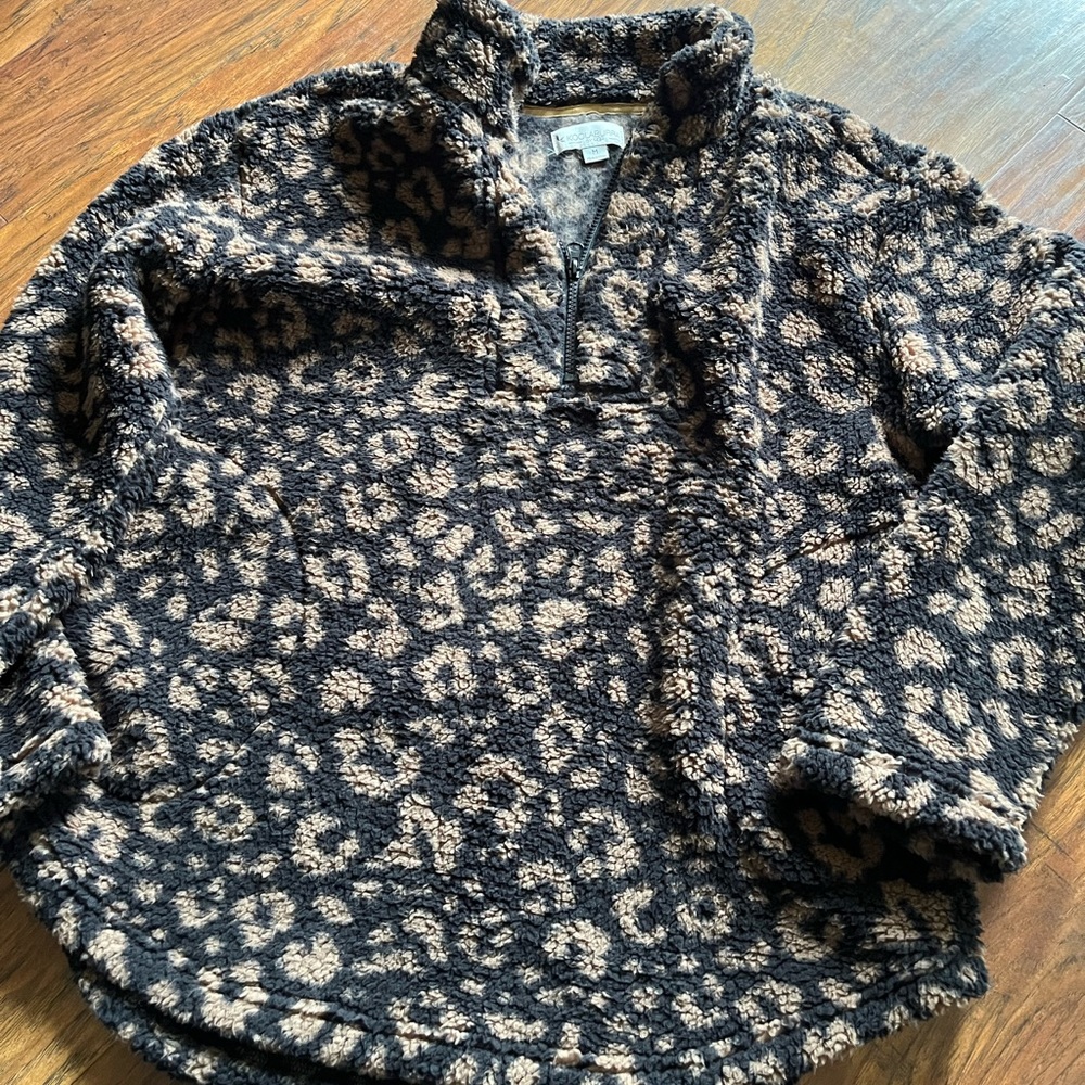 Koolaburra By UGG Black And Brown Cheetah Print Quarter Zip Sherpa Sweater